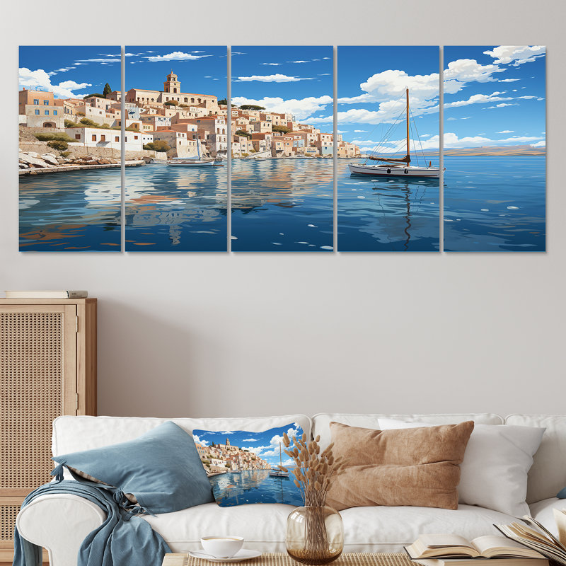 «Syros Serenityscape III - Coastal Port», art mural 5 pièces, H 28 po x l 60 po