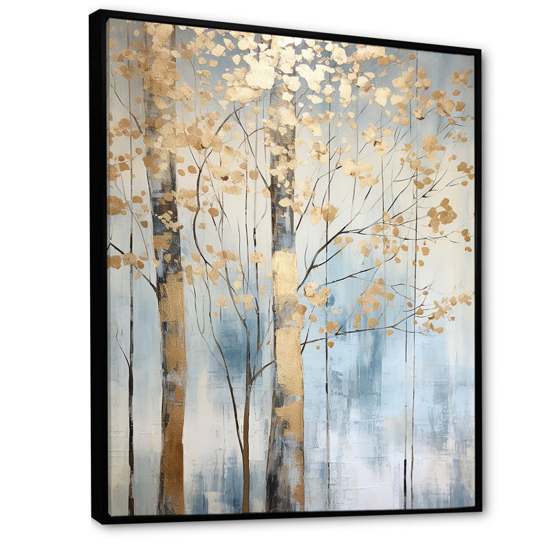 Or et bleu, arbres au trésor, paysage II - art mural arbres, H 32 po x l 24 po x P 1 po, Cadre flottant noir