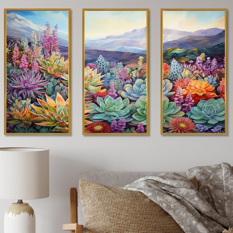 «Green Succulent Desert Charm I», ensemble d'art mural sur toile, Cadre flottant doré, H 32 po x l 48 po x P 1 po