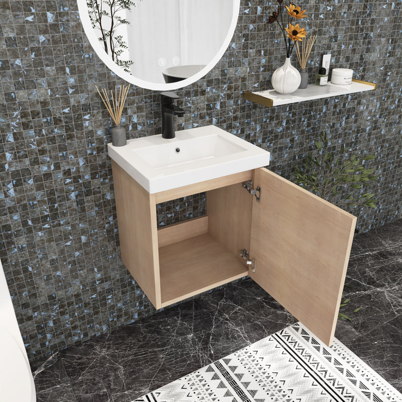 Meuble-lavabo mural simple 18 po avec comptoir en céramique Delberta, Imitation chêne