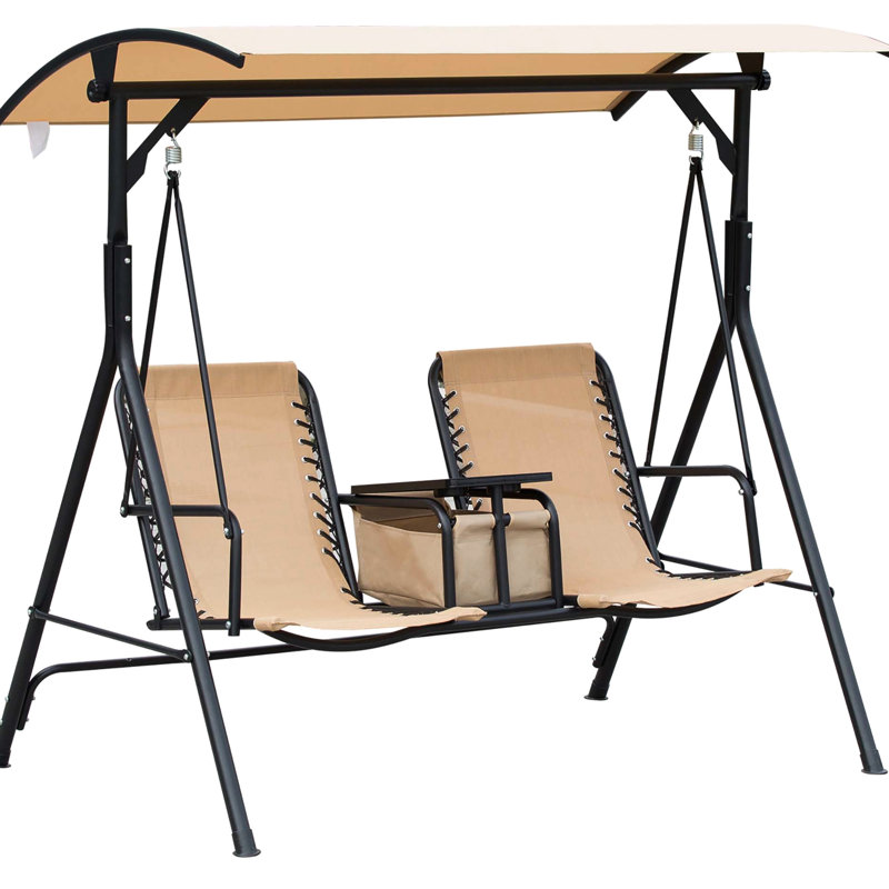 2 Patio Swing With Canopy, Storage Space & Sun Shade Adjustable, Steel Frame, Beige 2 Swing, Canopy Adjustable Shade, Storage, Cup Holder, Robust,