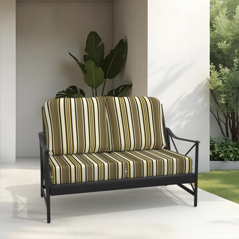Amala Sunbrella® Indoor/Outdoor Loveseat Cushion, Brown/White/Yellow Sunbrella®