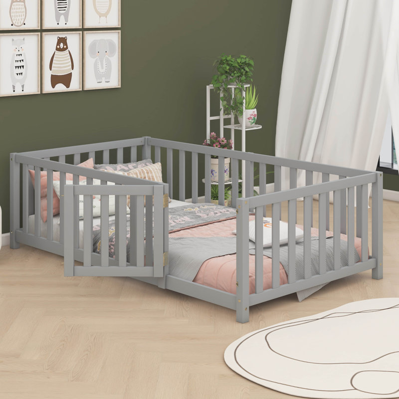 Wooden Daybed Featuring Fence-Style Guardrails And Two Built-In Drawers, Grey, Twin