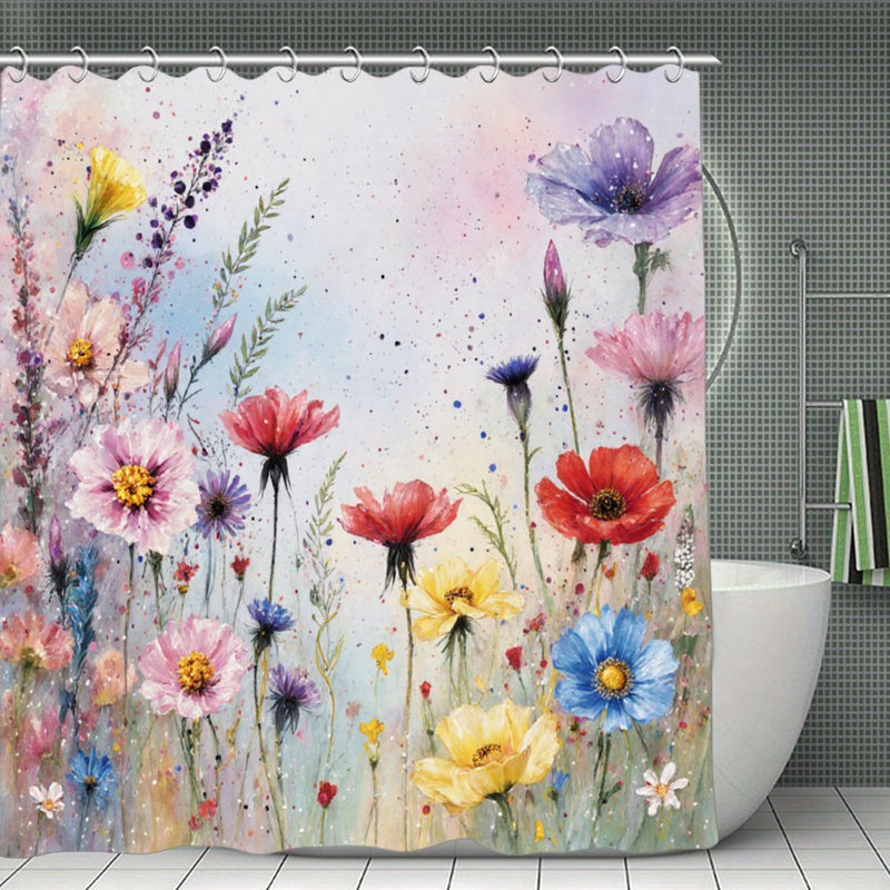Rideaux de douche Vibrant Wildflower Field, 71 po x 71 po, Rose / motif floral 2