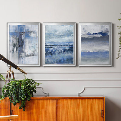 «Soft Solace Indigo», ensemble de 3 peintures sur toile encadrées