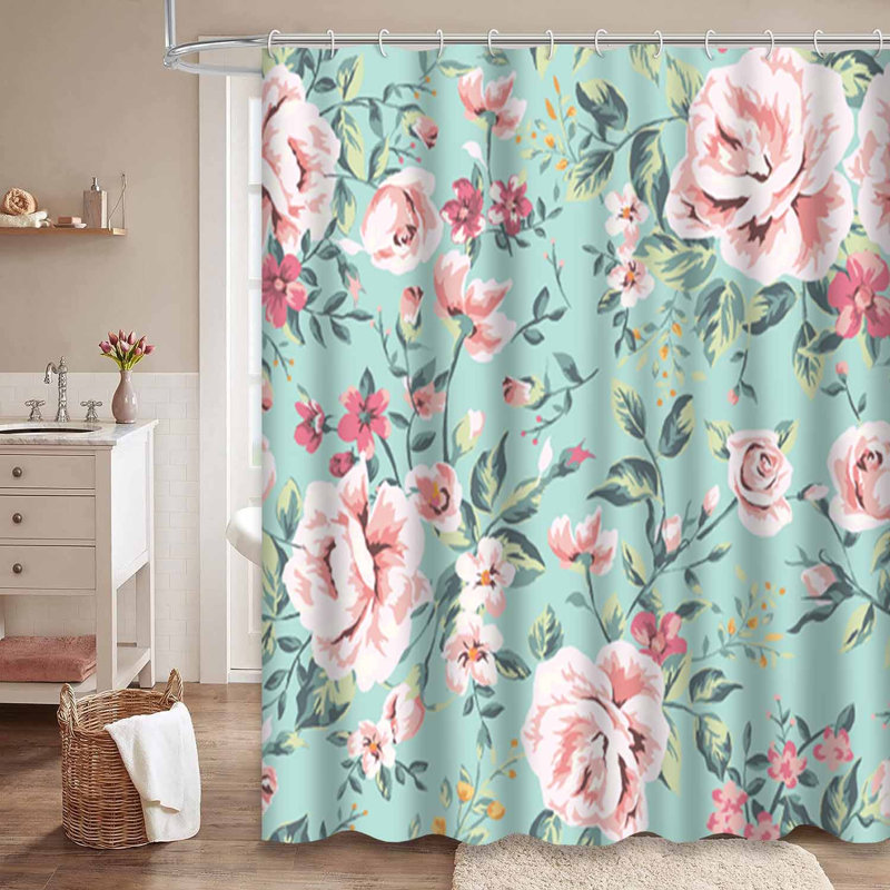 Rideau de douche imperméable à motif floral rose avec 12 crochets, L 72 po x l 78 po