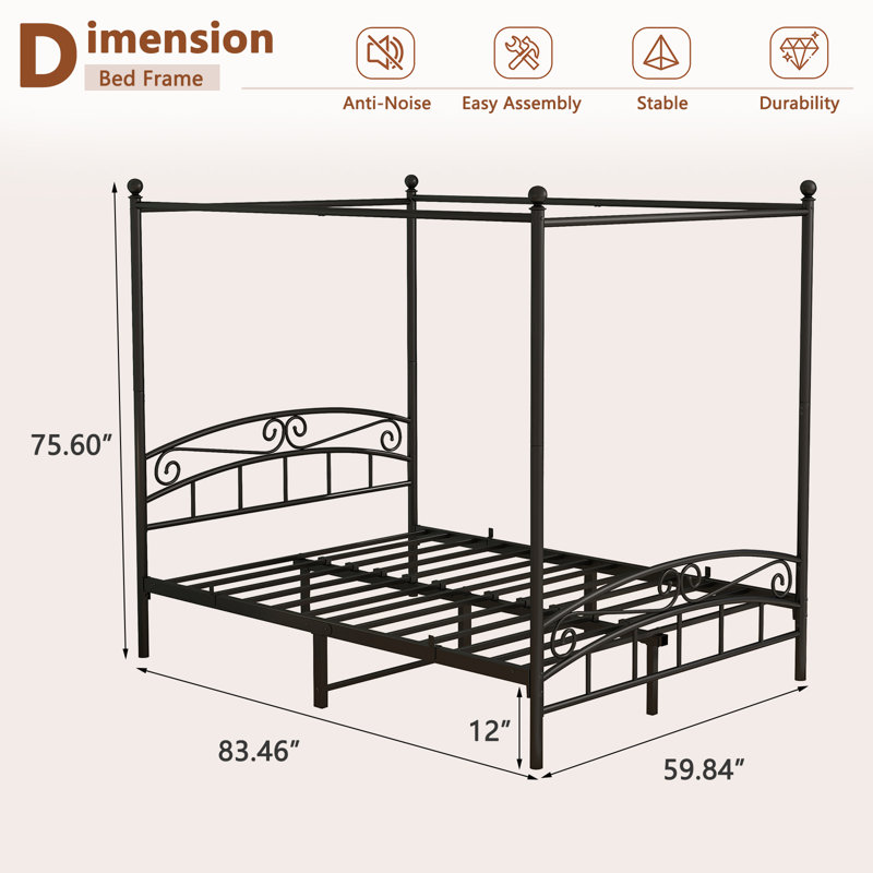 Structure de lit à baldaquin en métal grand lit, lit plateforme robuste avec tête et pied de lit rétro, aucun sommier requis, noir