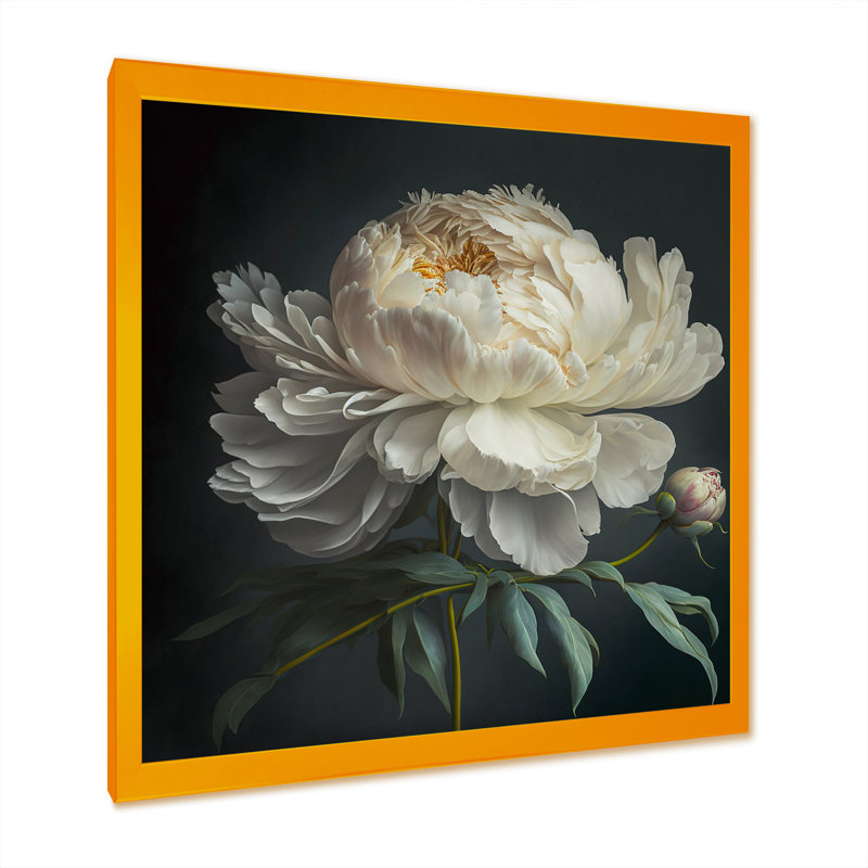 Blooming White Peony V - Art mural pivoine, Toile avec cadre photo, H 16 po x l 16 po, Doré