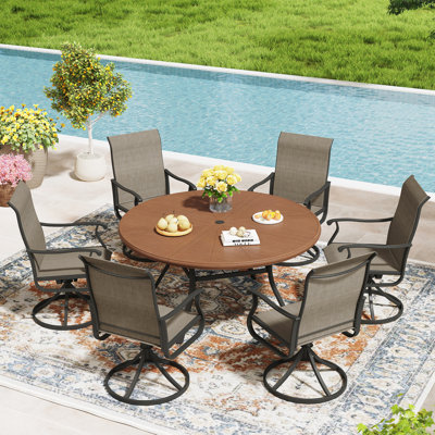 Aluminum Patio Dining Set with 53" Aluminum Round Dining Table and 6 PVC-coated polyester Swivel Dining Chairs