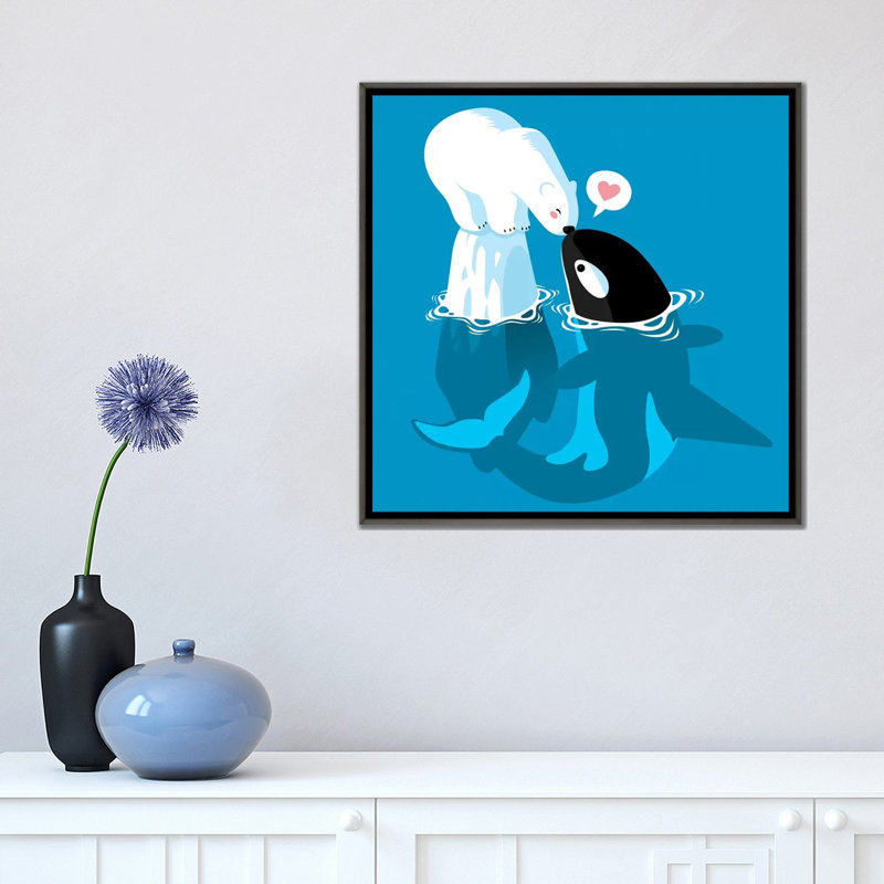" Polar And Killer Whale " by Alberto Perez, No Matte, Dark Rustic Wood Framed Canvas, 18" H x 18" W x 1.5" D