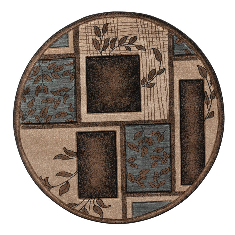 Tapis brun / beige / bleu à motif floral Zader, Rond 8 pi 1 po