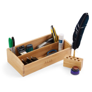 Rangement de bureau en bambou à 2 niveaux pour fournitures de bureau, articles de toilette, artisanat, idéal pour le bureau, le meuble-lavabo, le dessus de table à la maison ou au bureau
