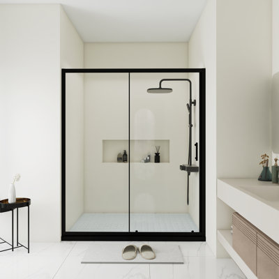60.In W X 72.In H Single Sliding Shower Door | 1/5 Inch Thick Transparent Tempered Glass | Equipped With Stainless Steel Handle | Minimalist Style | Black