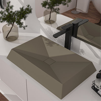 Bathroom Vessel Sink Of Concrete, Rectangular Design, X - Shaped Basin Bottom, Taupe Main Tone, Concrete With Shape, Drainage System, Color, Scratch Surface