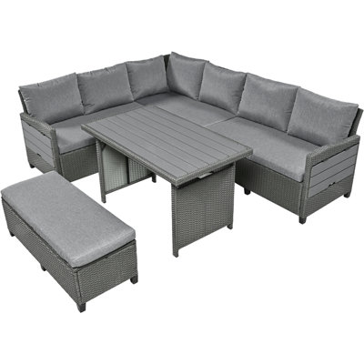 5-Piece Outdoor Patio Rattan Sofa Set, Sectional PE Wicker L-Shaped Garden Furniture Set With 2 Extendable Side Tables, Dining Table And Washable Covers For Backyard, Poode, Indoor, Grey