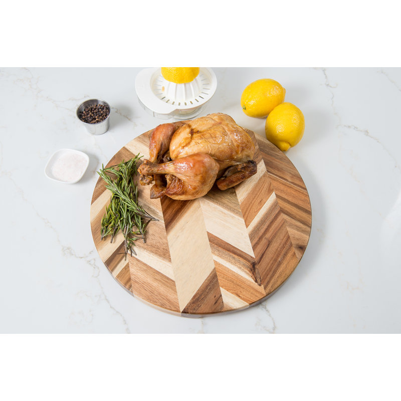 Acacia Herringbone Round Cutting /Serve Board W/ Inset Handles