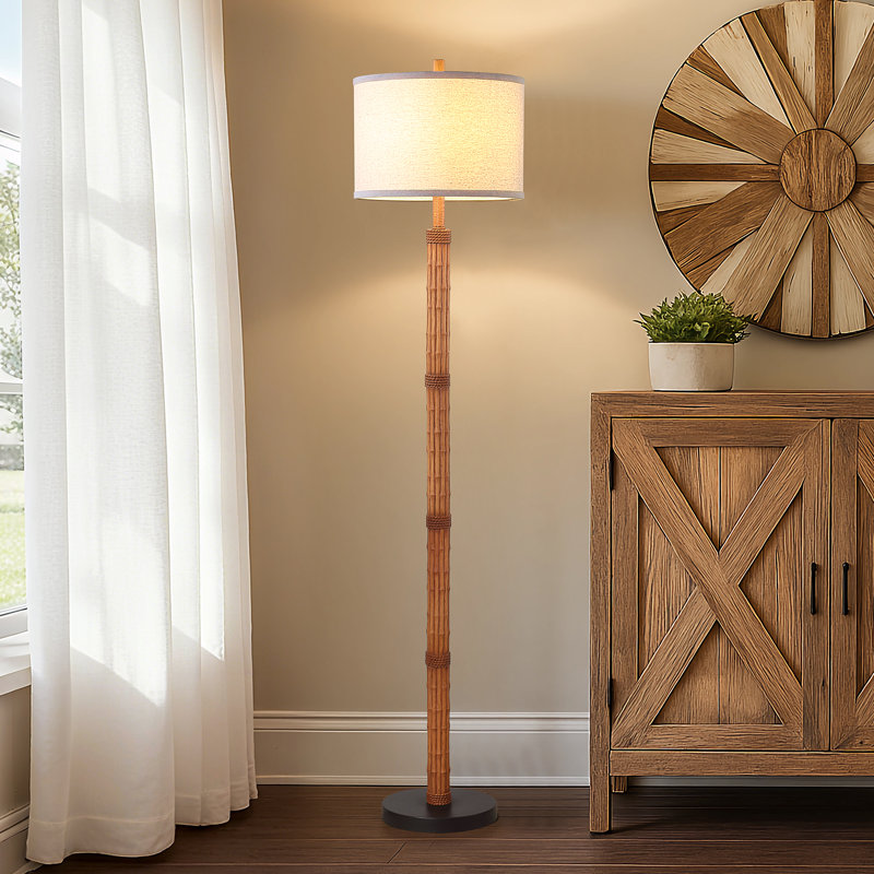 Bamboo-Inspired 62" Floor Lamp With Ivory Linen Shade And Rotary Switch, Includes LED Bulb