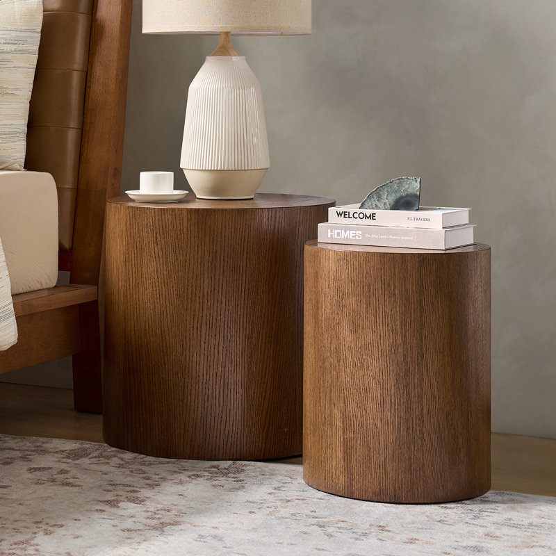 Dennis 20.5" Tall Modern OAK Veneer Nested Drum End Table (Set of 2), Walnut