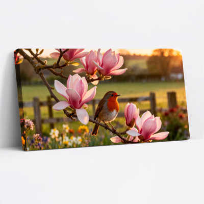 «Robin On Magnolia Blossom», reproduction d'art sur toile tendue sur toile, ensemble de 1
