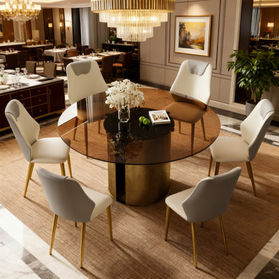 Ensemble de table de salle à manger moderne de 59 pouces, table de salle à manger en verre brun foncé, avec base en acier au carbone cuivré antique, convient à la cuisine familiale et au salon (une table avec 6 chaises)