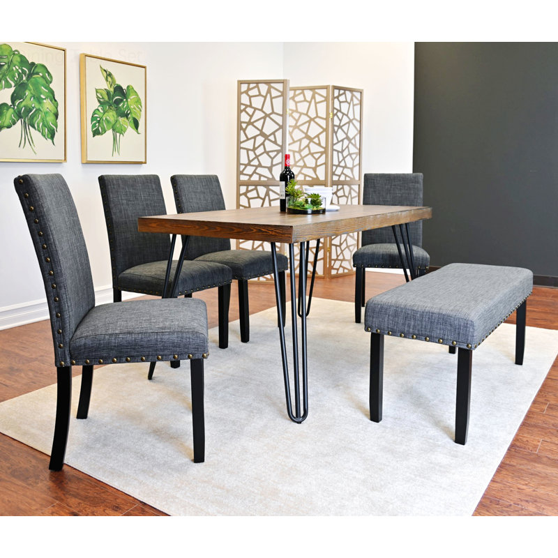 Dining Table Set, Dining Table With Chairs, Gray, 6 Pieces: Table, 4 Chairs, Bench