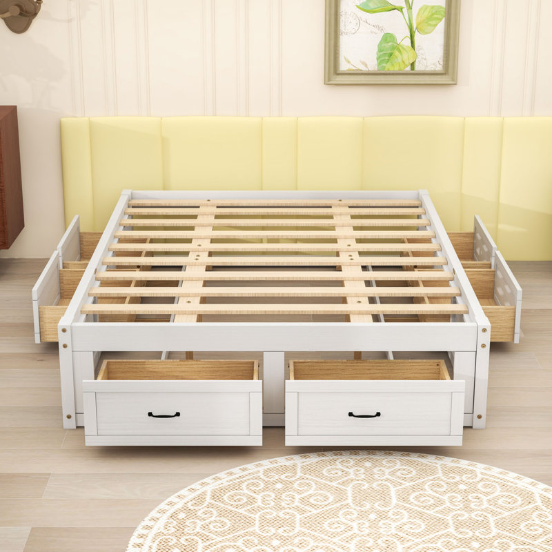 Lit plateforme 6 tiroirs en bois avec pieds centraux, Blanc, Grand lit