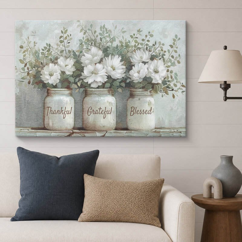 Bottled Plant Thankful Grateful Blessed Inspirational Green Floral Rustic Mason Jar Large Canvas Print Wall Art, No Frame