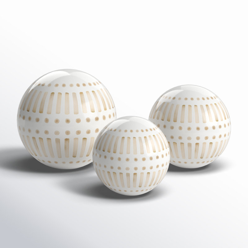 Neutral Modern Line Design Decorative Orb Set of 3, Tan