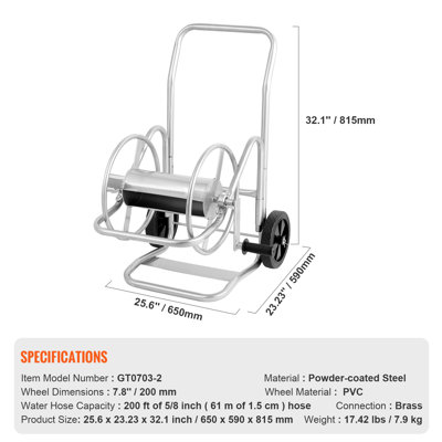 Dévidoir à boyau d'arrosage sur chariot, pouvant contenir jusqu'à 60 m de boyau de 16 mm (tuyau non inclus), outil mobile à roulettes pour boyau d'arrosage de jardin, structure robuste en acier thermolaqué, idéal pour le jardinage, la cour et la pelouse.