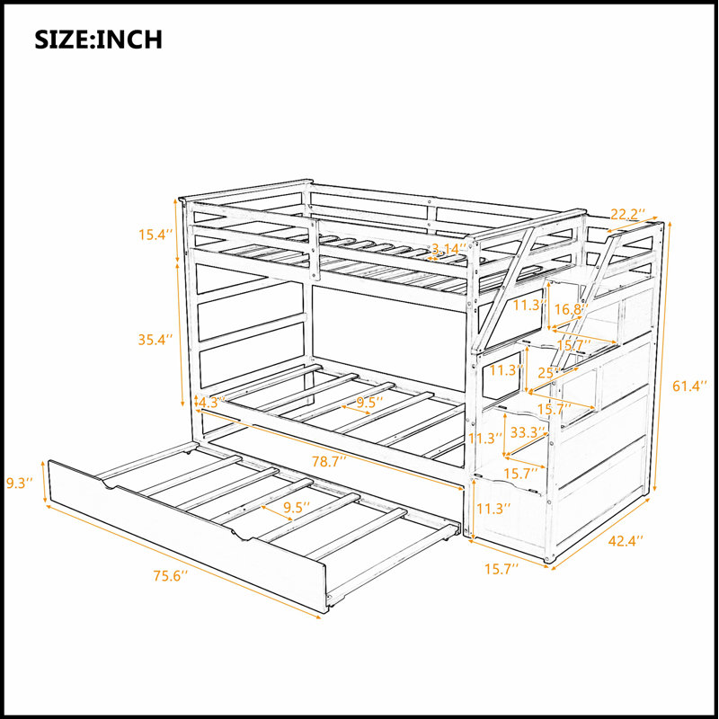 Lit avec lit gigogne, escalier de rangement et fabrication en pin massif de haute qualité pour une efficacité maximale de l'espace