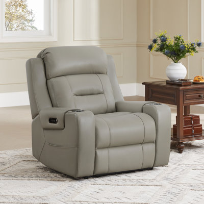 Olathe Oversized Genuine Leather Dual Motor Lay Flat Power Recliner With Power Headrest by Lark Manor