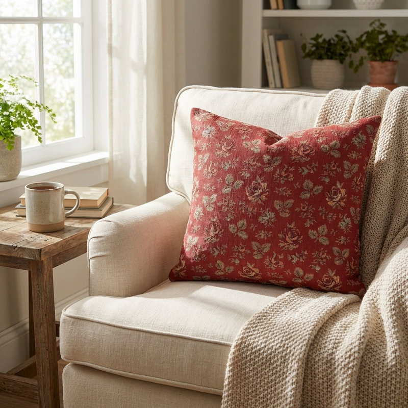 Fleurs de cerisier de jardin Plutus imprimées sur un polyester d'aspect lin. Coussin Luxury, 16 po x 16 po, Kaki