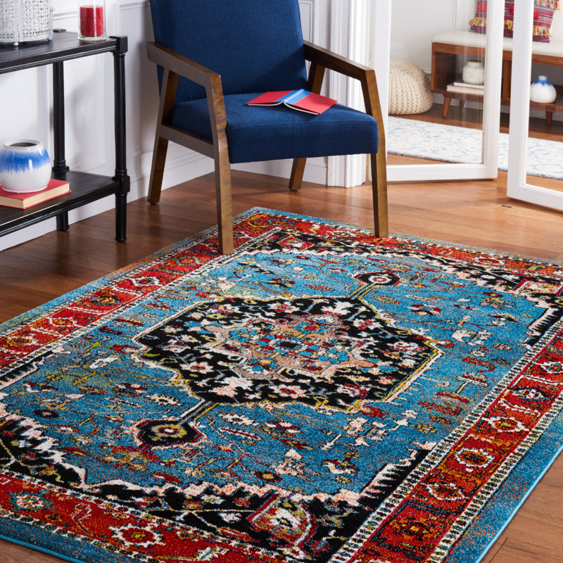 Tapis rétro bleu / rouge 266 Hamadan, Rectangle 5 pi 3 po x 7 pi 6 po