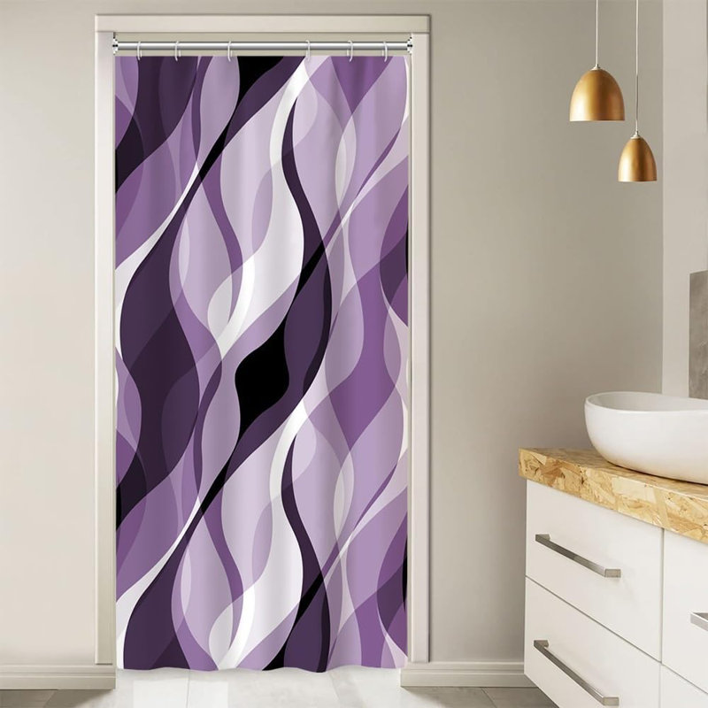 Pack of 1 Modern Abstract Black and Grey Striped Shower Curtain Set with Hooks, Purple, 91.44cm W x 182.88cm L