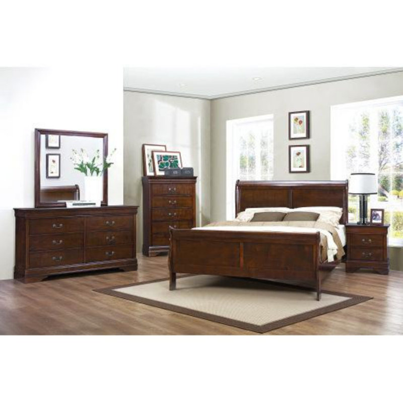 Lit traditionnel en bois de style Louis Philippe, Double, Brun