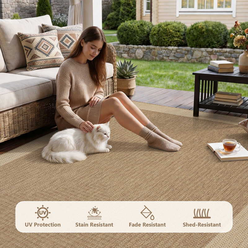 UV-Resistant Geometric Herringbone Indoor/Outdoor Area Rug In Natural Beige, Rectangle 4' x 6'