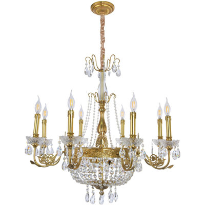Lustre chaleureux de style Empire en laiton doré et cristal chaud avec bras à rallonge, chaînes en cristal et bol inférieur, luminaire de 34 po pour la salle à manger, le vestibule et le salon