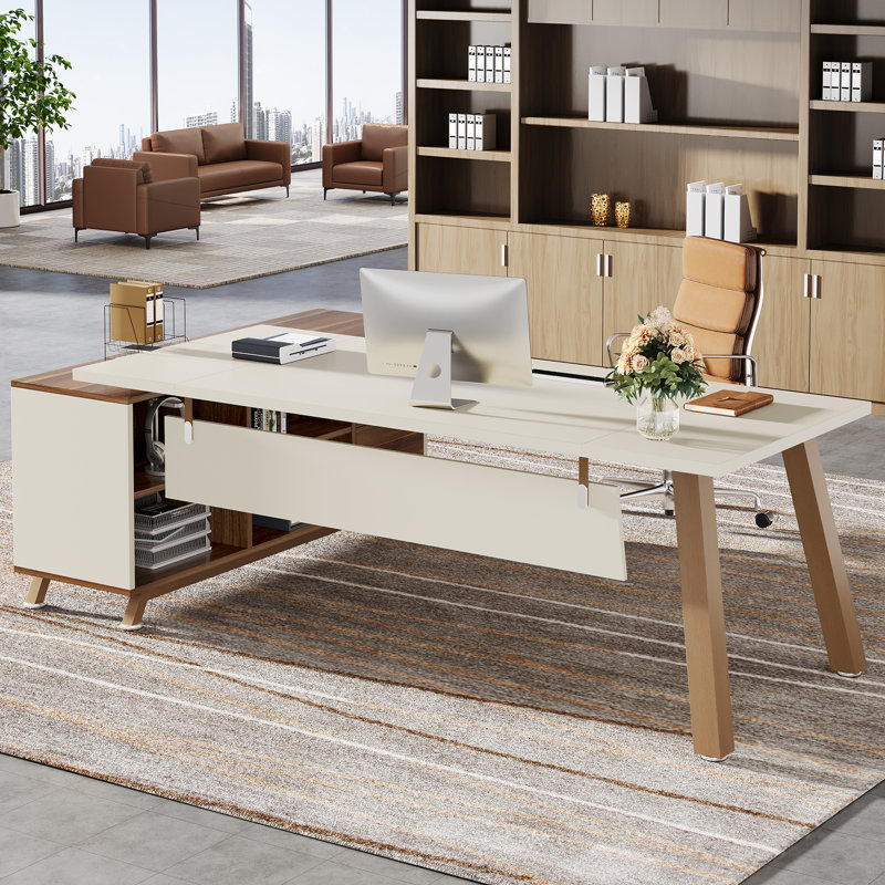 71" W L-Shaped Desk with Drawers and File Cabinet, Modern Executive Office Desk, White/Brown