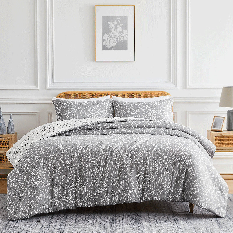 Ensemble de housse de couette réversible en microfibre à motif de botanique feuille Vilano Choice, Gris