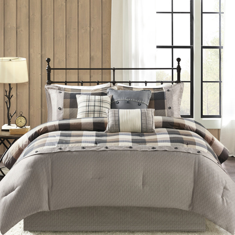Édredon grand format 7 pièces à chevrons - couleur neutre, imprimé écossais Buffalo, lavable à la machine, édredon, taies décoratives, coussins, jupe pour lit neutre, écossais, rembourrage,