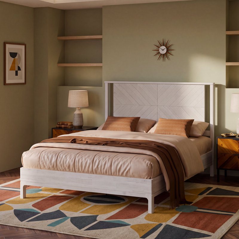 Base de lit avec tête de lit Vivian DELUXE - bois d'acacia, Grand, Blanc rustique