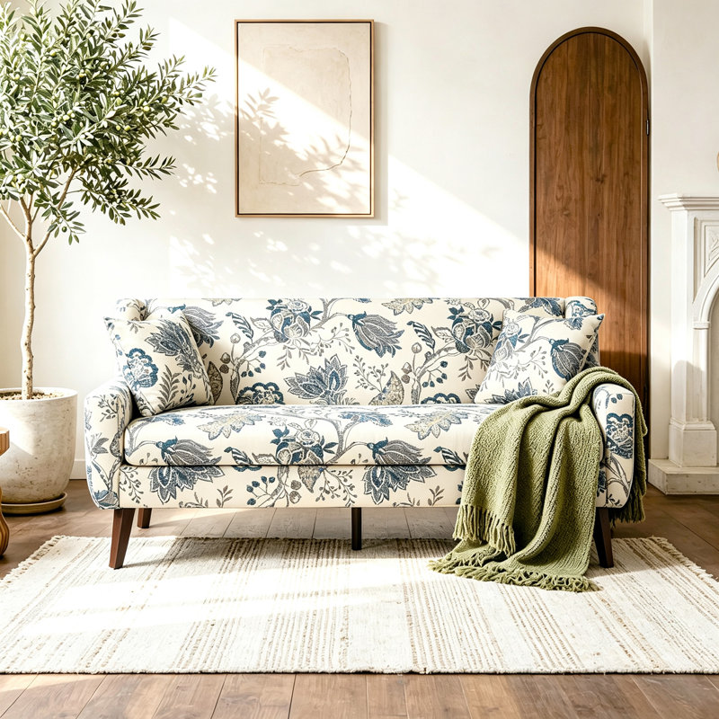 Davey Upholstered Linen Blend Button Tufted Square Arm Loveseat, PATTERN LEAF Linen Blend