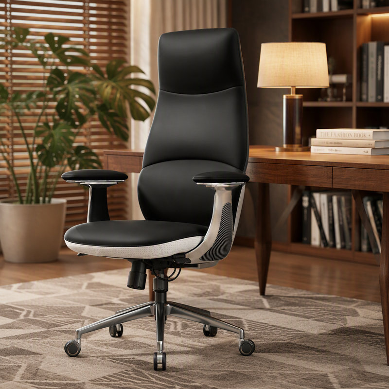Fauteuil de direction ergonomique en cuir véritable, dossier haut de 400 lb, motif de dossier élégant, roues silencieuses à 360 °, inclinaison et profondeur réglables, accoudoirs mobiles, soutien lombaire
