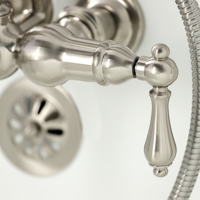 Kingston Brass Vintage Three-Handle 2-Hole Tub Wall Mount Clawfoot Tub Faucet with Hand Shower, Brushed Nickel