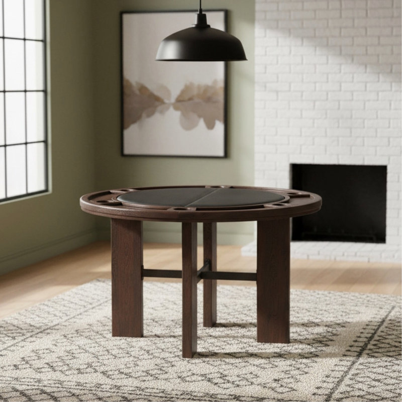 Table de salle à manger et de jeux Gorman au fini noyer avec insert en similicuir noir