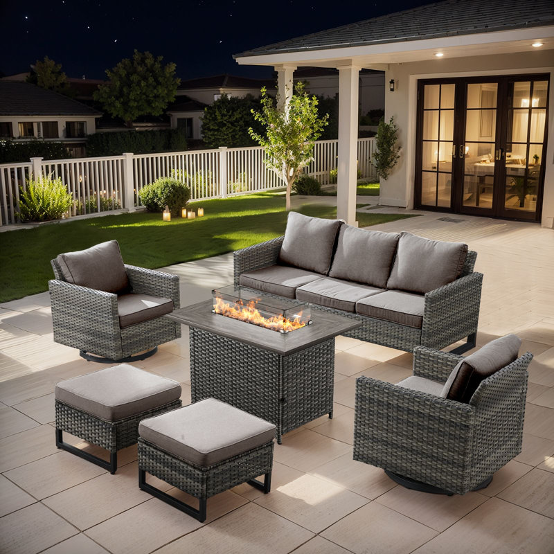 Naresa 6-Piece Outdoor Sofa Set, Wicker Patio Furniture Set With Fire Pit Table, All-Weather PE Wicker