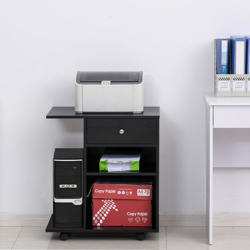 Black Mobile Printer Stand with Drawer and Adjustable Shelf