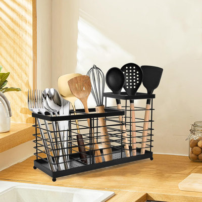 Stainless Steel Kitchen Utensil Holder With Drainage Base, Large Capacity Organizer With Removable Divider For Countertop Storage