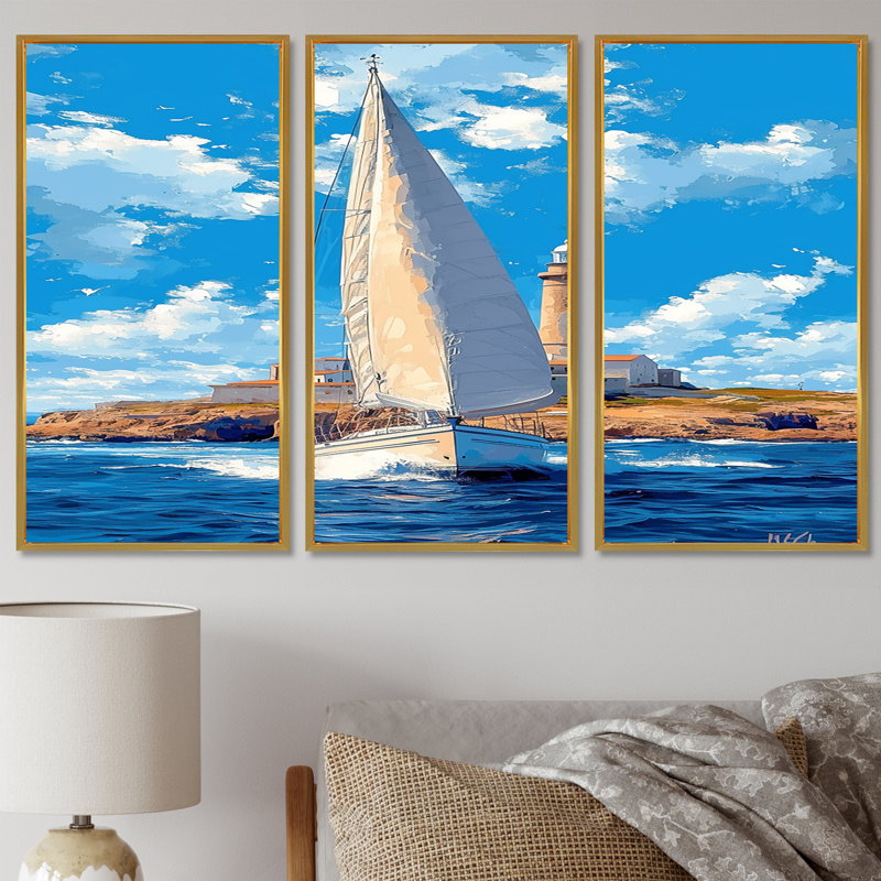Amreen - ensemble d'art mural bateau, Cadre flottant doré, H 40 po x l 60 po x P 1 po