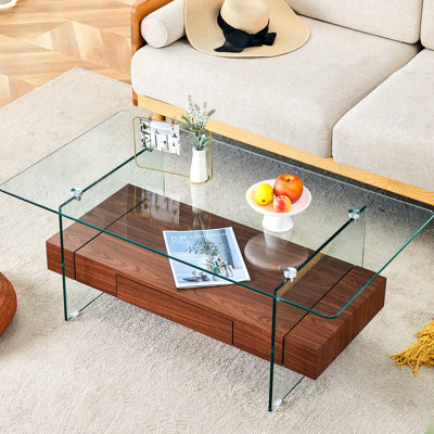 43.3 Inch Two - Tier Coffee Table With Transparent Tempered Glass, Elegant Walnut Grain Design, And Smooth Gliding Storage Clear Glass Surface, Bottom, Drawer Function For Office Use